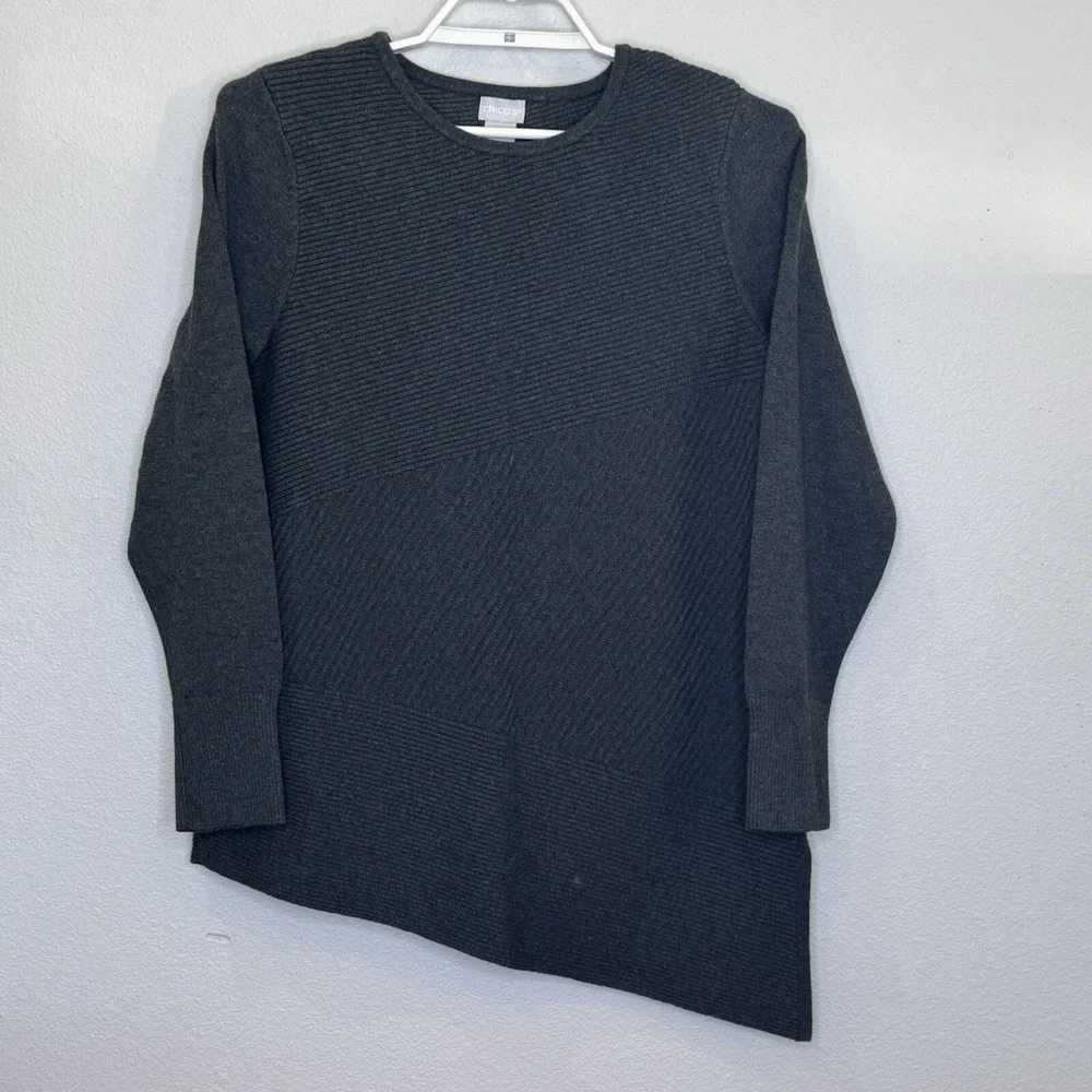 Chico's Sweater Size 1‎ Medium Gray Textured Stripe Long Sleeve Asymmetrical Hem